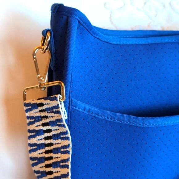 Ah dorned Royal Blue Neoprene Messenger Bag Style -Blue/Black White Woven Strap - Picture 4 of 15